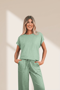 Women's Sage Green Cotton-Blend Cuffed Tee and Wide-Leg Pant Set