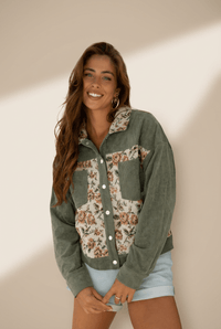 Women's Sage Green Floral Tapestry Ribbed Patchwork Shacket