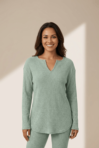 Women's Sage Green Ribbed Knit Lounge Set with Notched Neckline