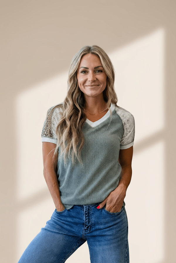Women's Sage Green Ribbed V-Neck Tee with Leopard Lace Sleeves