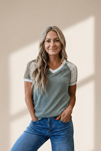 Women's Sage Green Ribbed V-Neck Tee with Leopard Lace Sleeves