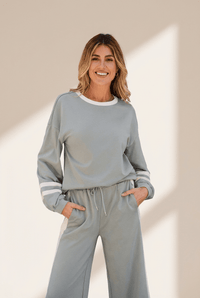 Women's Sage Grey Varsity Stripe Pullover and Wide-Leg Pant Set with practical styling and dependable silhouette control.