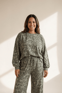 Women's Sage Leopard Print Two-Piece French Terry Pant Set