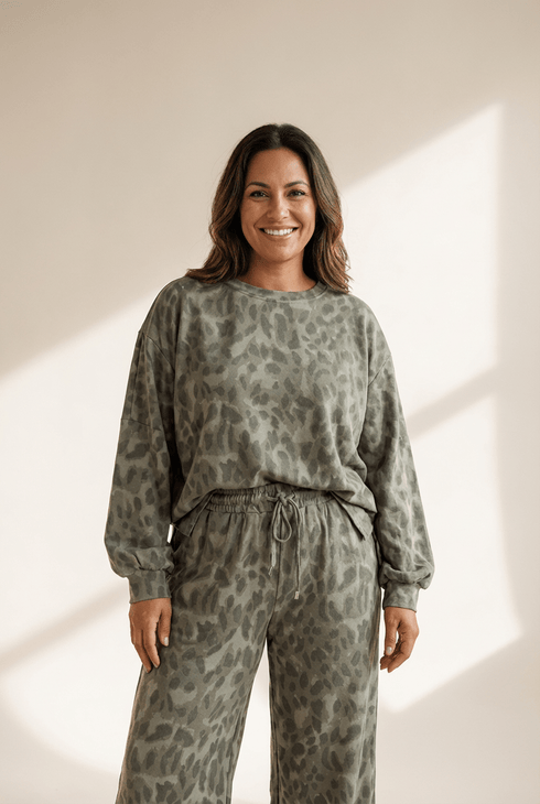 Women's Sage Leopard Print Two-Piece French Terry Pant Set