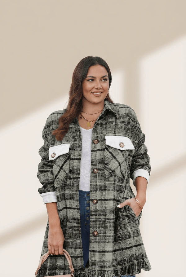 Women's Sage Plaid Plus Size Shacket with Fringe Hem