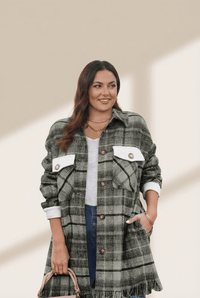 Women's Sage Plaid Plus Size Shacket with Fringe Hem
