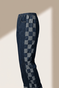 Women's Sail Blue Checkered Side Panel Denim Pants