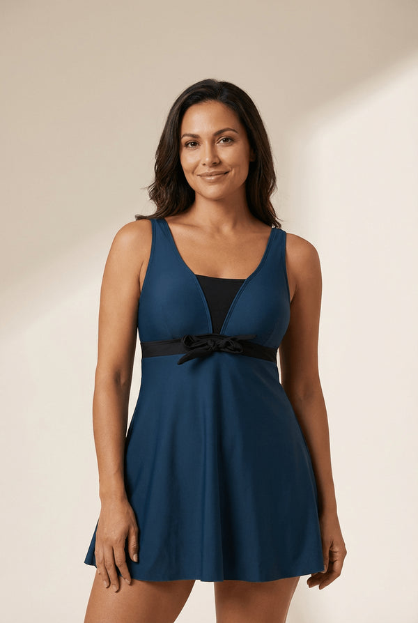 Women's Sail Blue Color Block Fit and Flare Swim Dress with Bow made for easy styling and wardrobe coordination, with premium-like structure and