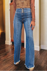 Women's Sail Blue High-Waisted Button Fly Flare Jeans