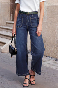 Women's Sail Blue High-Waisted Wide-Leg Jeans with Patch Pockets, blue, photo 5