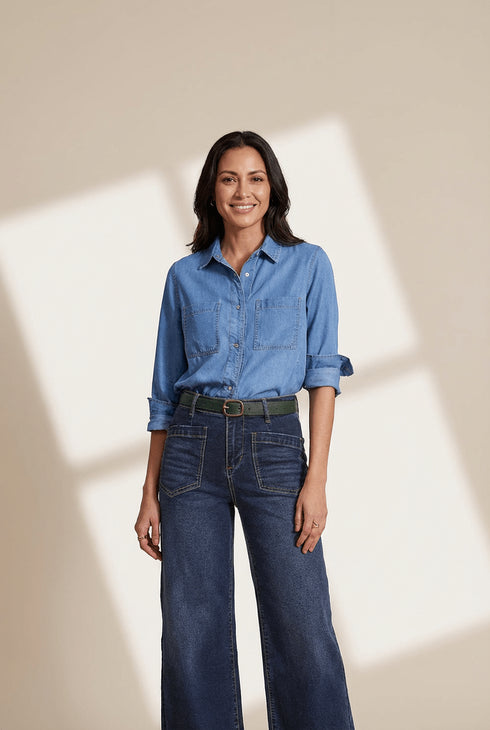 Women's Sail Blue High-Waisted Wide-Leg Jeans with Patch Pockets
