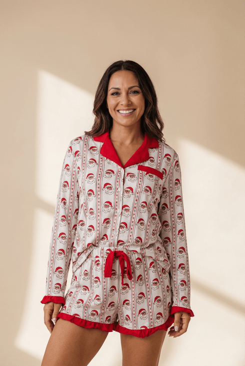 Women's Santa Print Ruffle Pajama Set with Notched Collar