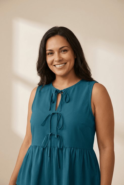 Blue Sapphire Plus Size Solid Color Bow Tie Peplum Tank Top