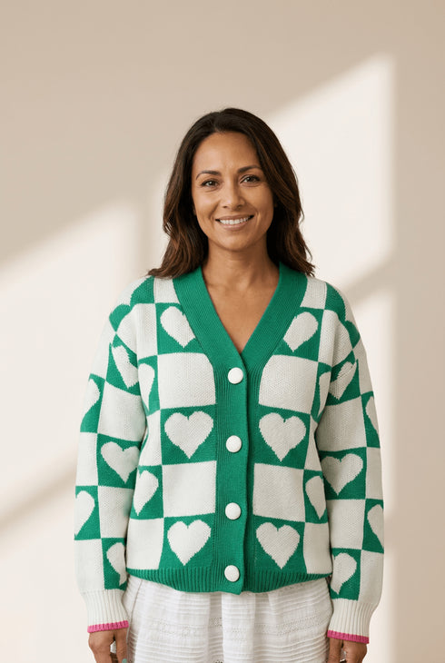 Women's Sea Green Heart Intarsia Checkerboard Knit Cardigan
