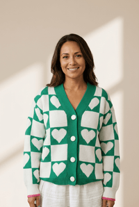 Women's Sea Green Heart Intarsia Checkerboard Knit Cardigan