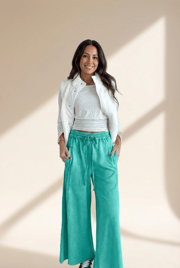 Women's Sea Green Mineral Wash Loose Fit Pants with Drawstring Waist and Trendy Raw Hem Design