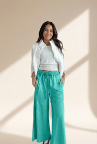 Women's Sea Green Mineral Wash Loose Fit Pants with Drawstring Waist and Trendy Raw Hem Design