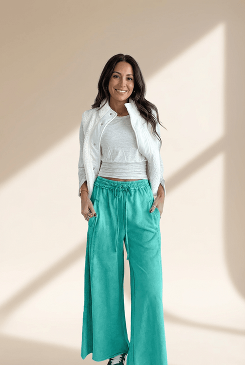 Sea Green Mineral Wash Drawstring Elastic Waist Raw Hem Loose Pants