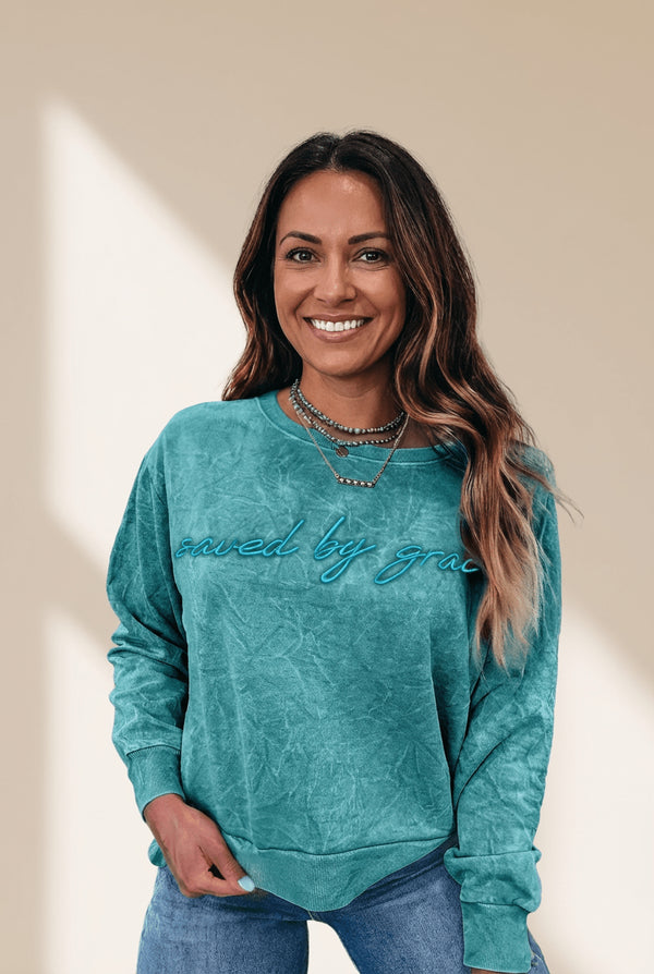 Women's Sea Green Mineral Wash 'Saved by Grace' Cotton Sweatshirt