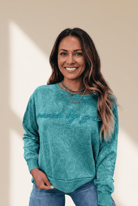 Women's Sea Green Mineral Wash 'Saved by Grace' Cotton Sweatshirt