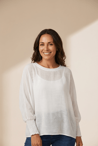 Women's Semi-Sheer Smocked Cuff White Blouse with Dolman Sleeves
