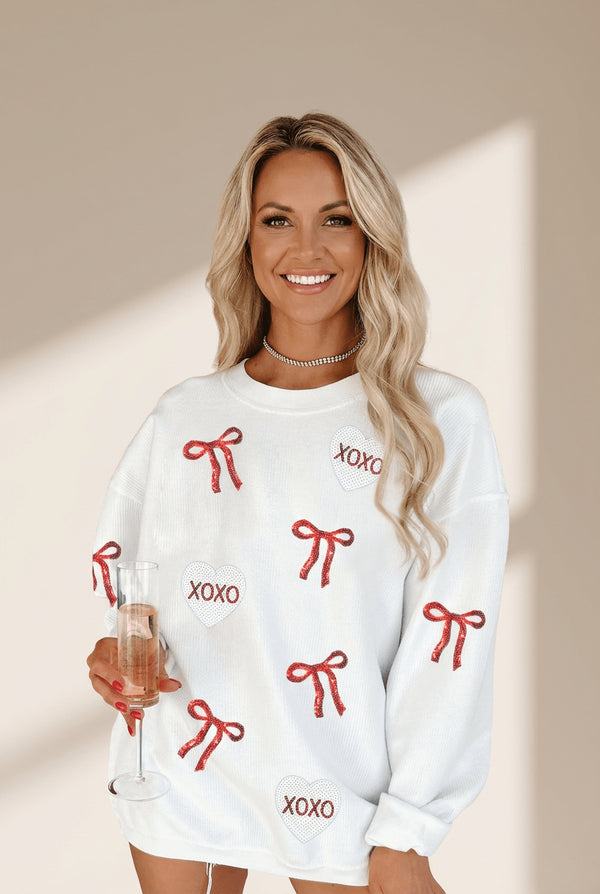 Women's Sequin Bow and XOXO Heart Ribbed Sweatshirt