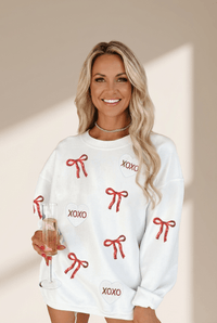 Women's Sequin Bow and XOXO Heart Ribbed Sweatshirt