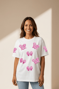 Women's Sequin Bow Patch Cotton Blend Graphic Tee in White