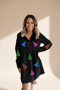 Women's Sequin Christmas Tree Corduroy Babydoll Mini Dress
