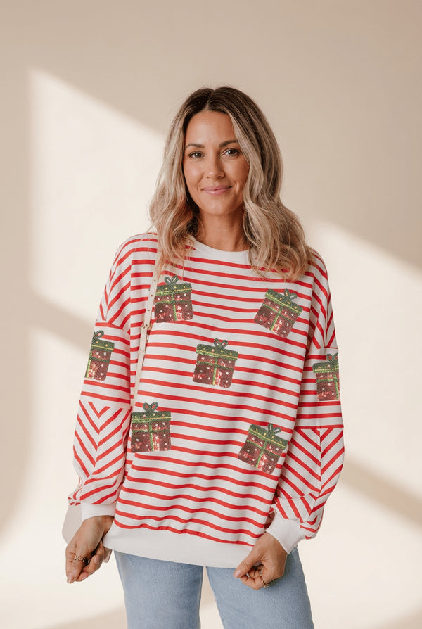 Women's Sequin Gift Box Striped Holiday Sweatshirt