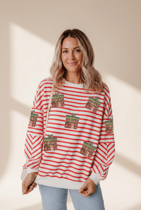 Women's Sequin Gift Box Striped Holiday Sweatshirt