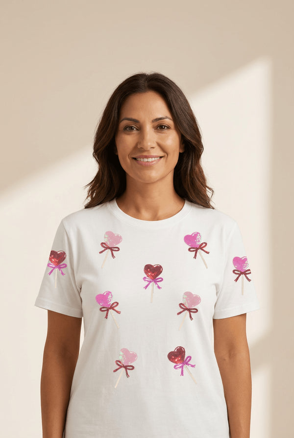 Women's Sequin Heart Lollipop Graphic Tee in Soft White