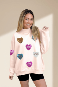 
Women's Sequin Heart Mock Neck Sweatshirt in Apricot Pink