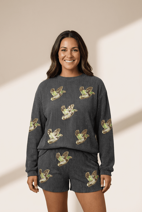 Women's Sequin Mallard Ribbed Knit Two-Piece Set in Carbon Grey