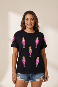 Women's Sequin Pink Nutcracker Relaxed Holiday Graphic Tee