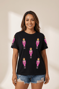 Women's Sequin Pink Nutcracker Relaxed Holiday Graphic Tee