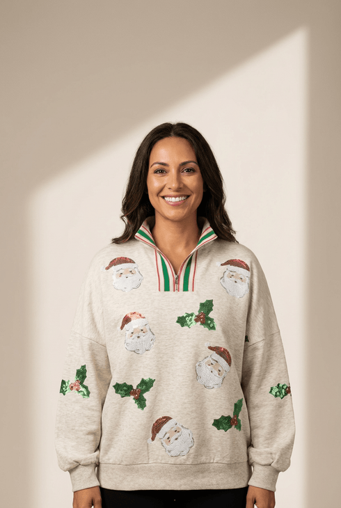 Women's Sequin Santa Quarter-Zip Christmas Sweatshirt