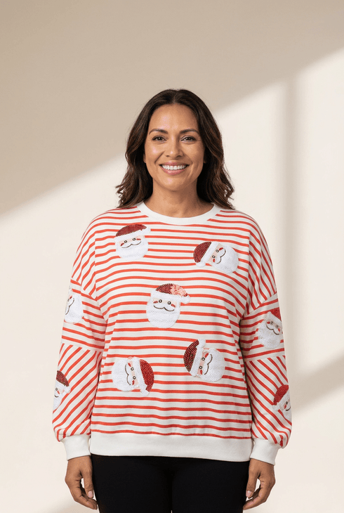 Women's Sequin Santa Striped Holiday Sweatshirt in Festive Orange