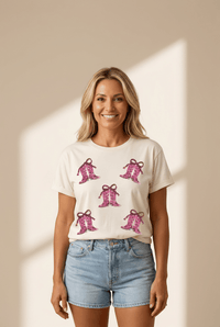 Women's Sequin Western Boot Graphic Tee in Cream