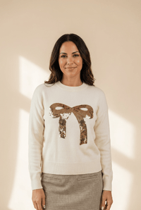 
Women's Sequined Bow Knit Holiday Sweater in Winter White