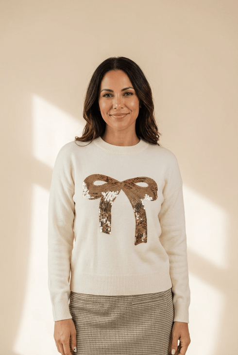 Women's Sequined Bow Knit Holiday Sweater in Winter White