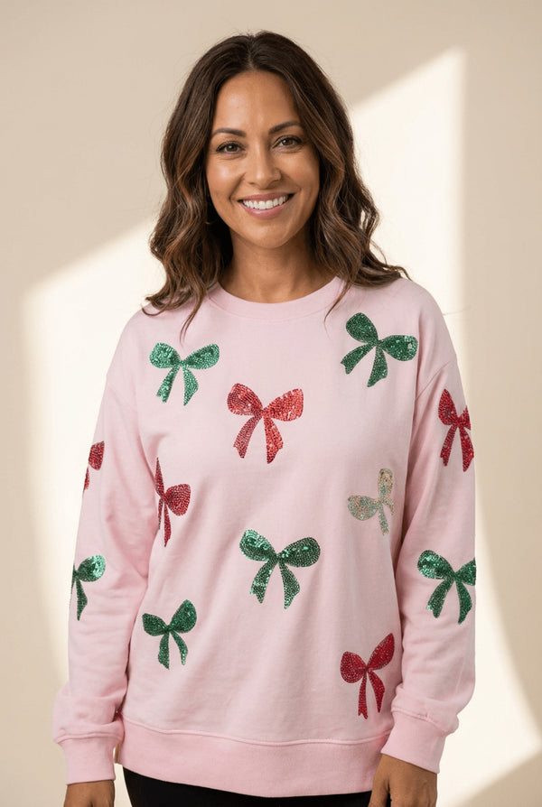 Women's Sequined Bow Pink Sweatshirt - Festive Crewneck
