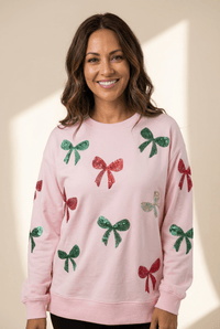 Women's Sequined Bow Pink Sweatshirt - Festive Crewneck