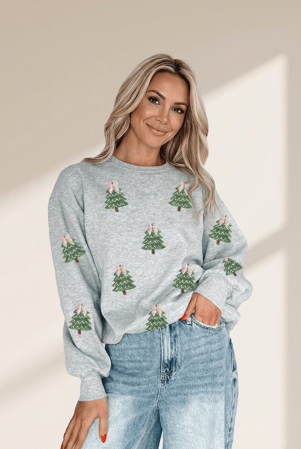 Women's Sequined Christmas Tree Graphic Sweatshirt in Heather Grey