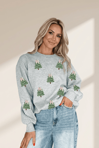 Women's Sequined Christmas Tree Graphic Sweatshirt in Heather Grey