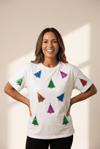 Women's Sequined Christmas Tree Graphic Tee with Rolled Cuffs
