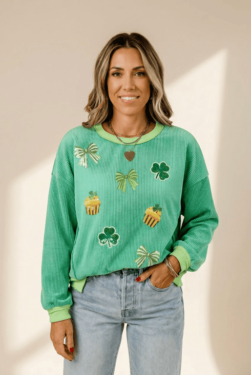 Women's Women’s Shamrock Sequin Ribbed Pullover in Emerald Green
