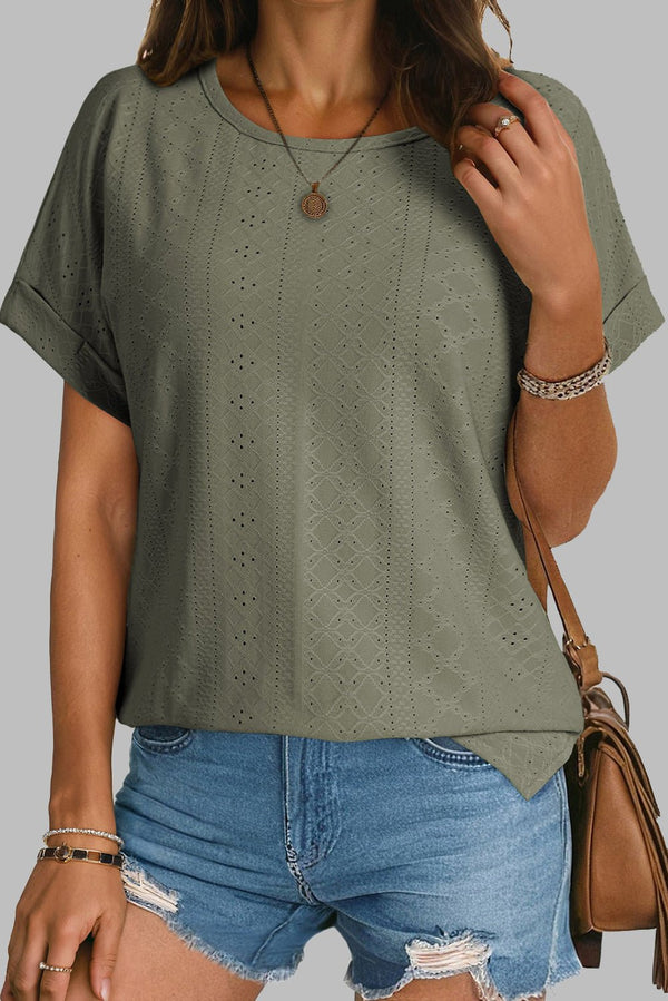 Women's Short Sleeve Eyelet Jacquard Top in Four Leaf Clover - Chic, Comfortable Everyday Style for Effortless Fashion