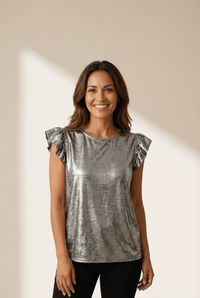 Women's Silvery Metallic Ruffle Sleeve Blouse