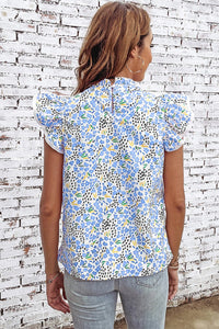 Sky Blue Abstract Print High Neck Flutter Sleeves Top